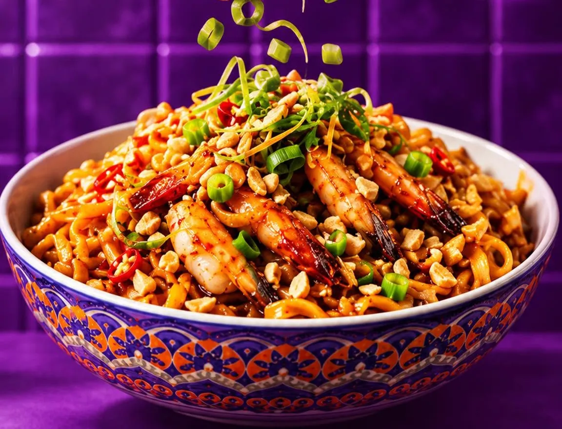 A patterned bowl of chili peanut noodles topped with prawns.