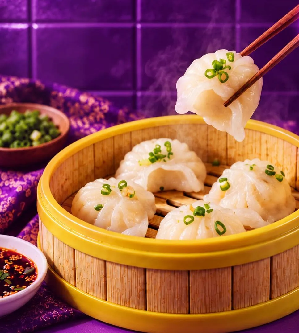 Chopsticks lifting a prawn har gow out of a yellow-rimmed steamer.