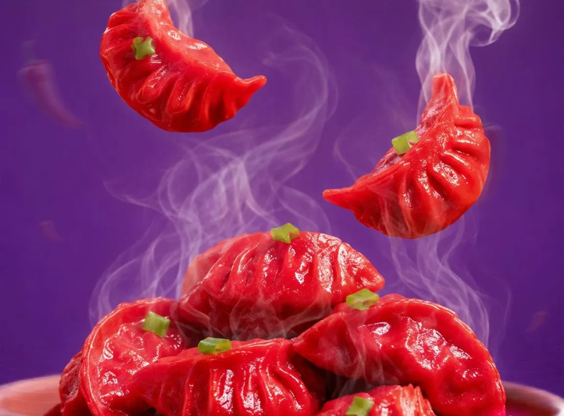 Bright red steamed dumplings with wisps of steam.