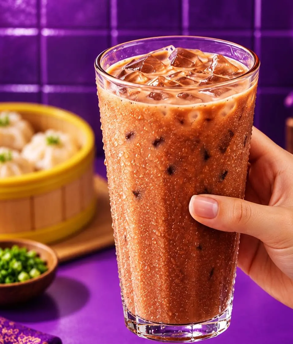 A hand holding a tall glass of Langkawi Iced Milo beside a steamer of dumplings.